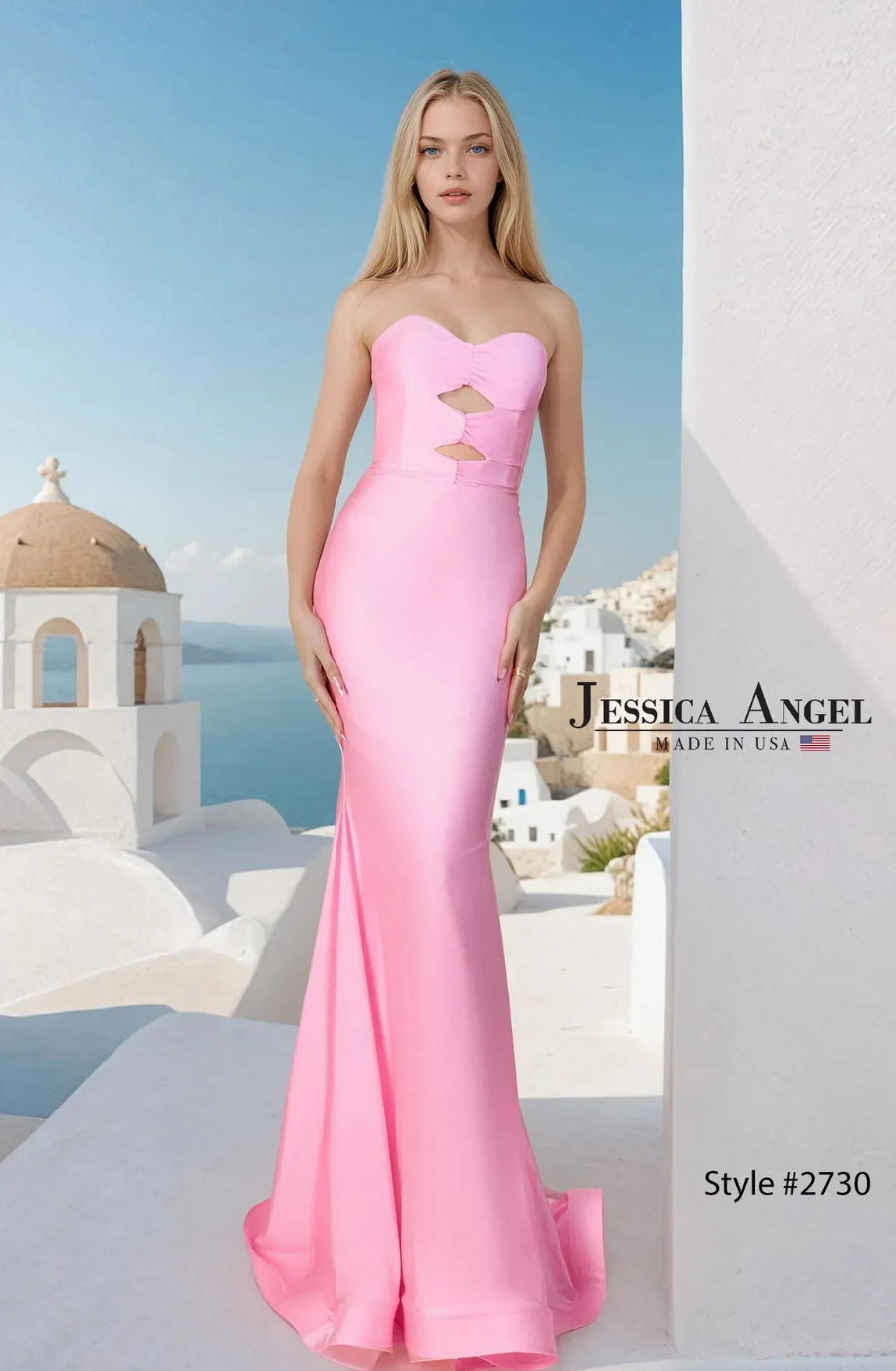 A model wearing a strapless pink gown with cut-out details, standing in front of a scenic backdrop featuring white buildings and blue water. The image includes the text 