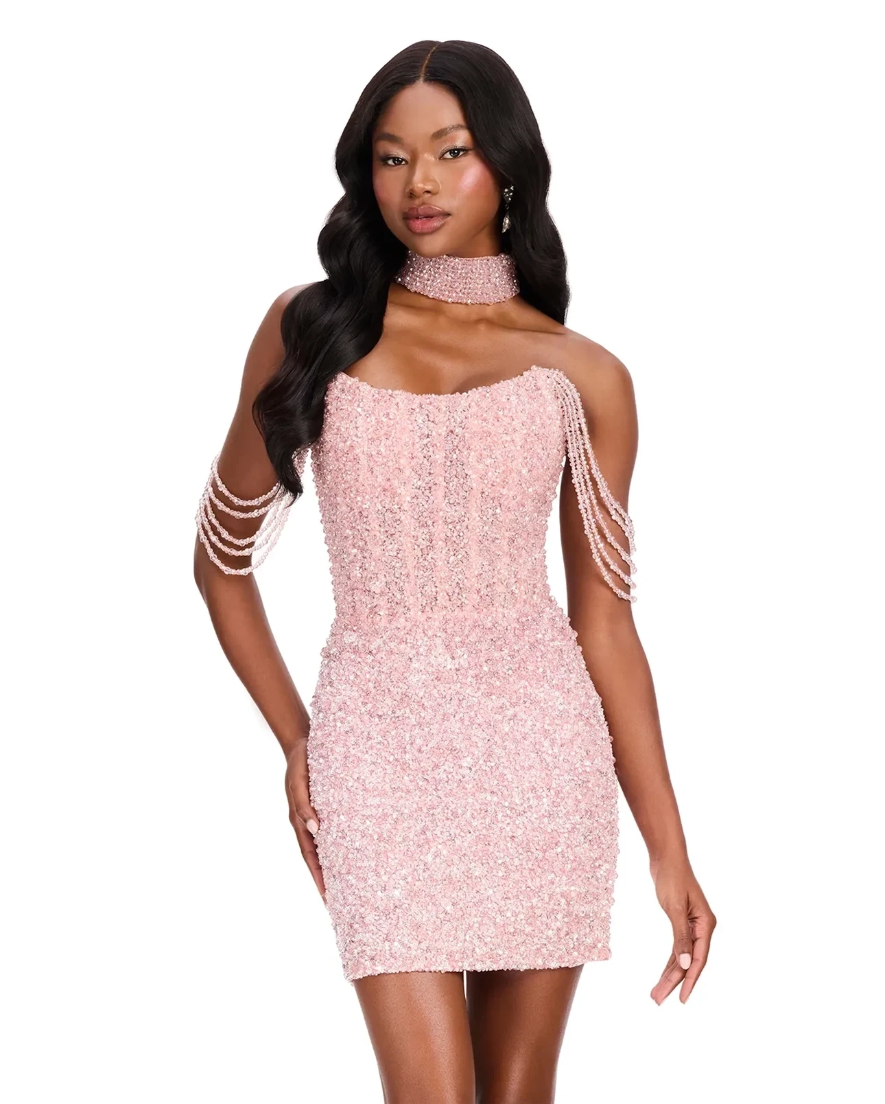 Model wearing a gown by Ashley Lauren