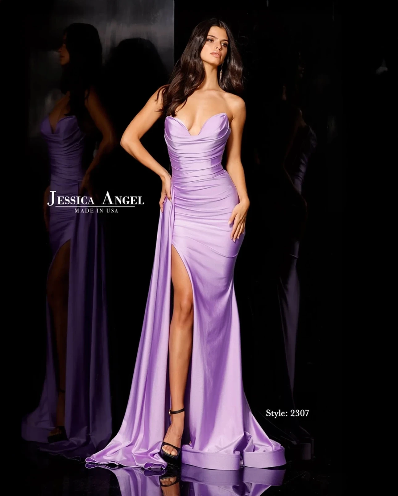 Model wearing a gown by Jassica Angel